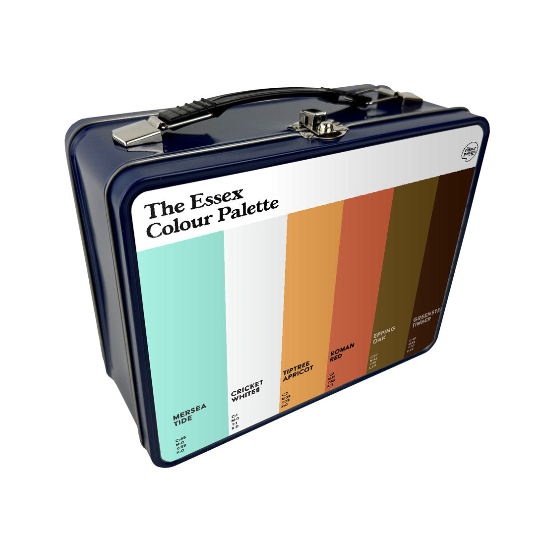 Essex Colour Palette metal lunch box featuring six heritage colours inspired by Mersea Island, Essex cricket, Tiptree, Colchester and Epping Forest.