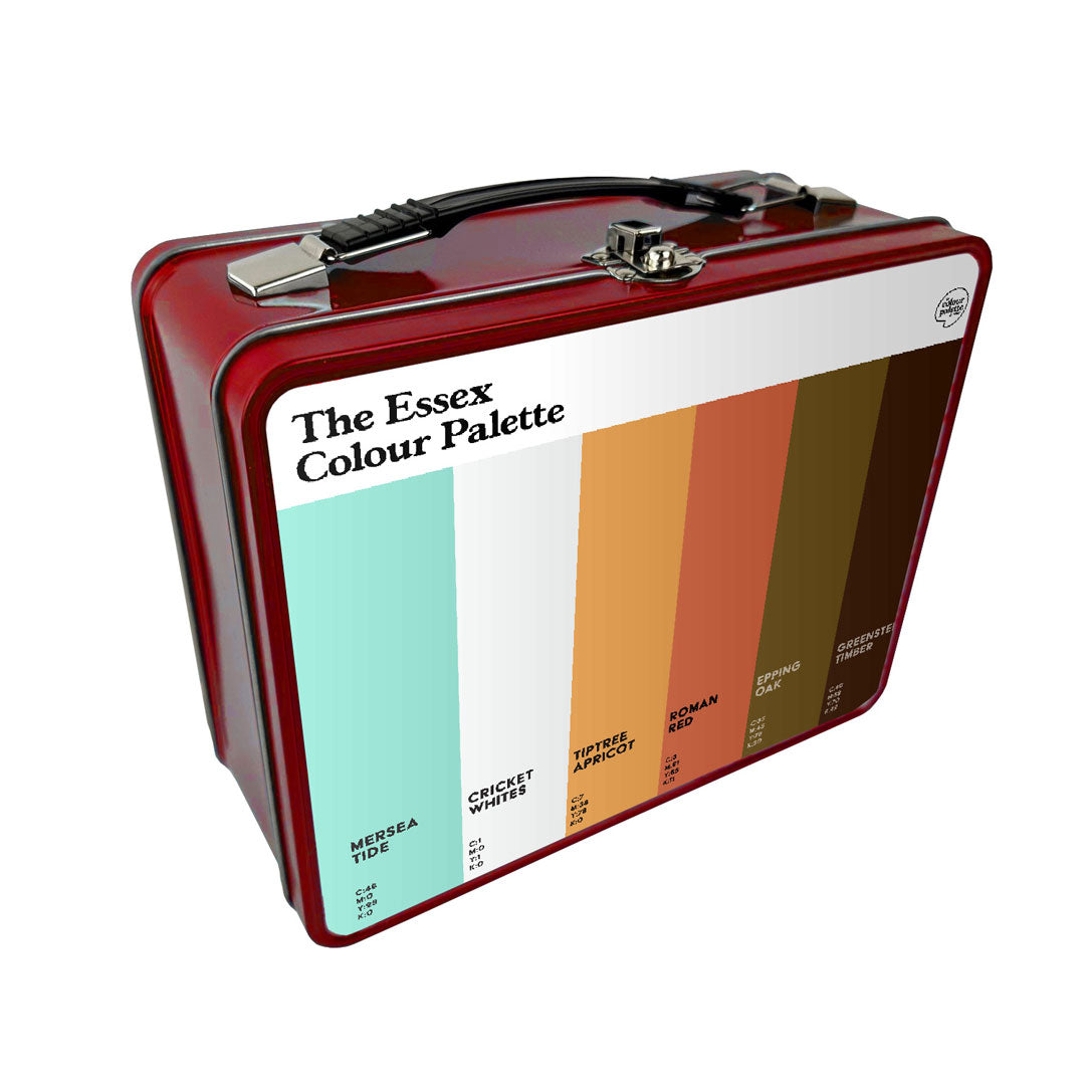 Essex Colour Palette metal lunch box featuring six heritage colours inspired by Mersea Island, Essex cricket, Tiptree, Colchester and Epping Forest.