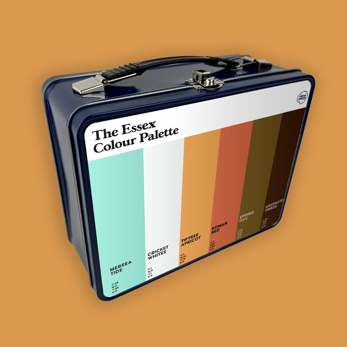Essex Colour Palette metal lunch box featuring six heritage colours inspired by Mersea Island, Essex cricket, Tiptree, Colchester and Epping Forest.