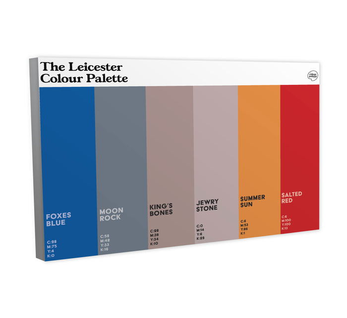 Leicester Colour Palette canvas wall art featuring six colours inspired by Leicester City FC, Richard III, Roman history and space exploration.