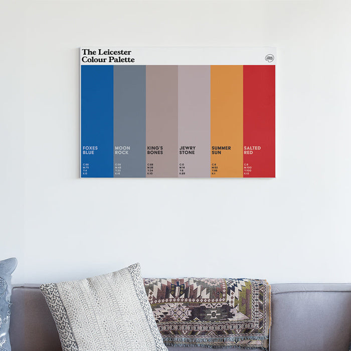 Leicester Colour Palette canvas wall art featuring six colours inspired by Leicester City FC, Richard III, Roman history and space exploration.