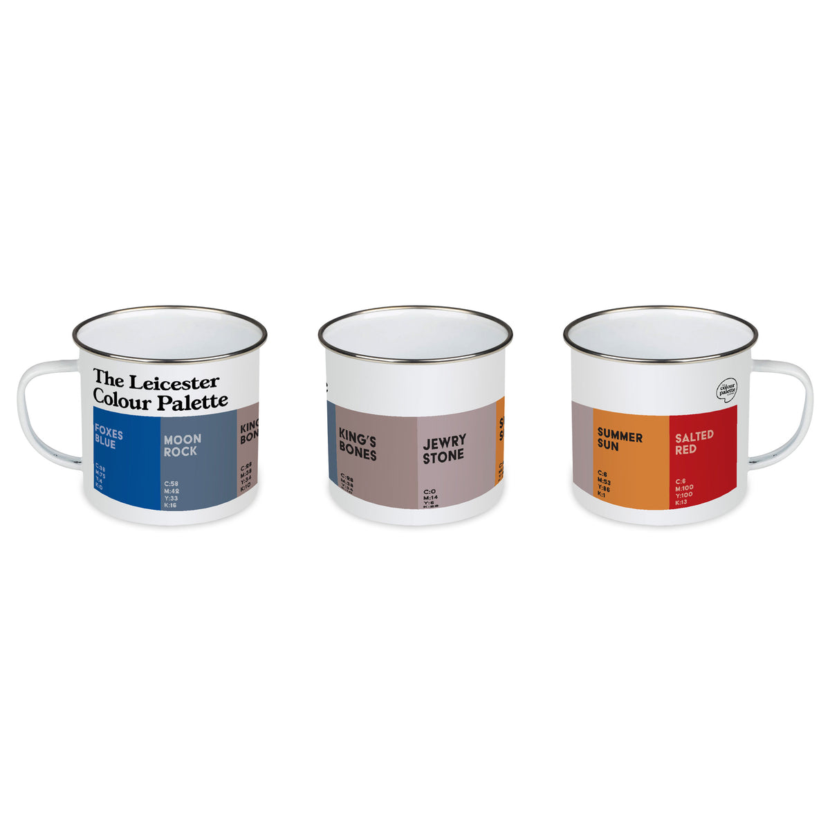 Leicester Colour Palette enamel camping mug with six colours inspired by Leicester City FC, Richard III and the National Space Centre.