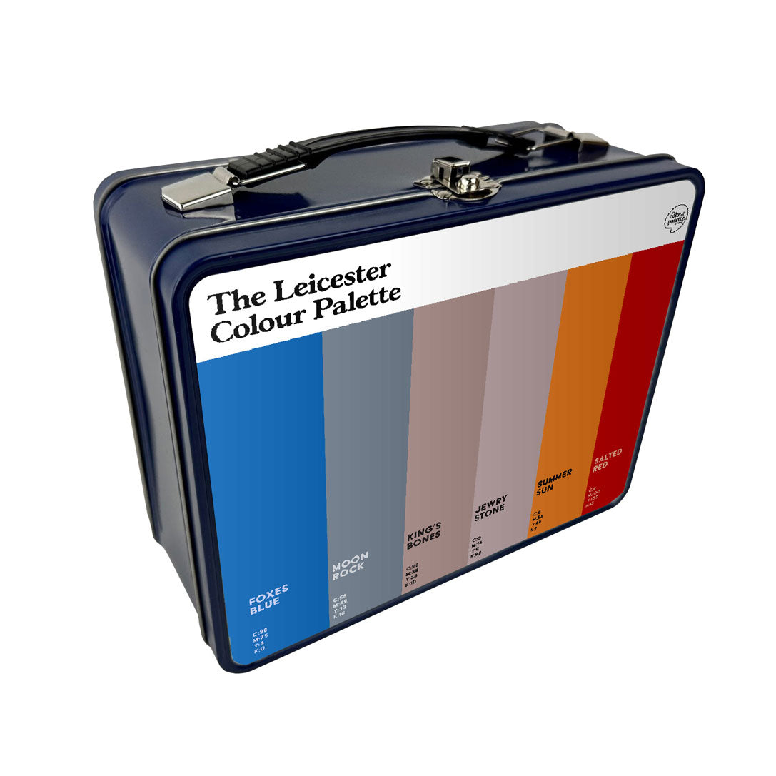 Leicester Colour Palette metal lunch box featuring six colour swatches celebrating Leicester City FC, Richard III and the city’s famous heritage.