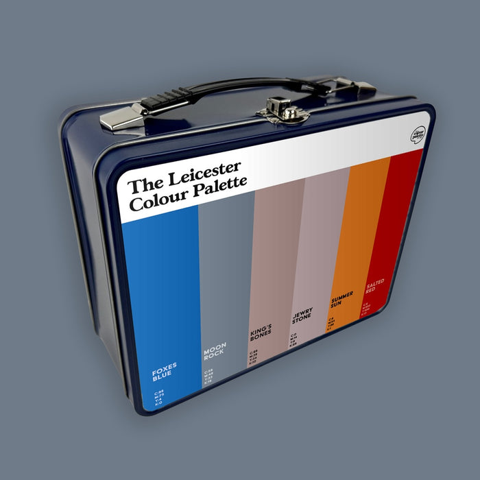 Leicester Colour Palette metal lunch box featuring six colour swatches celebrating Leicester City FC, Richard III and the city’s famous heritage.