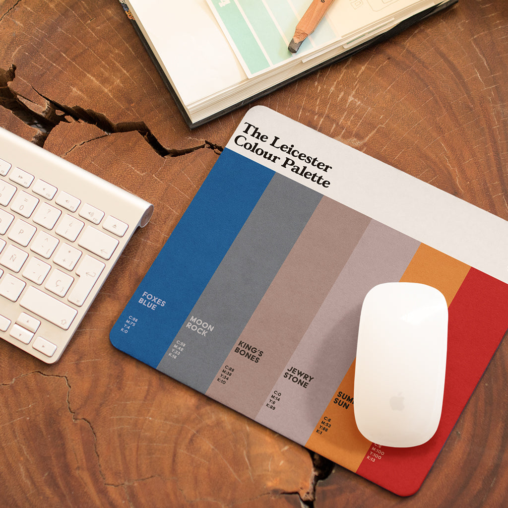 Leicester Colour Palette mouse mat featuring six colours inspired by Leicester’s famous football club, the National Space Centre and local history.