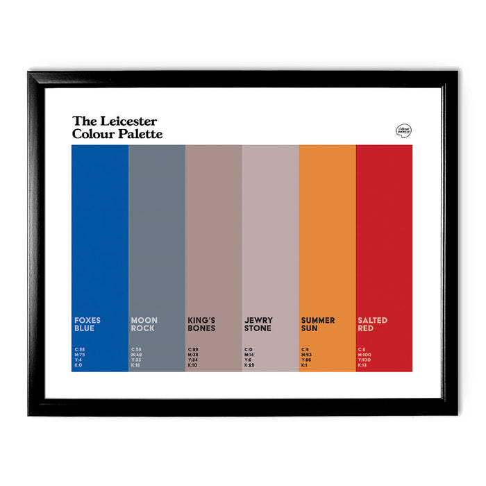 Leicester Colour Palette framed wall art featuring six colours celebrating Leicester City FC, Richard III and the city’s famous history.