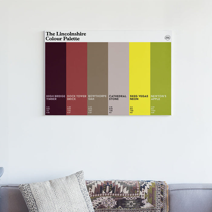 Lincolnshire Colour Palette canvas wall art featuring six colours inspired by Lincoln Cathedral, Grimsby Dock Tower and Skegness.
