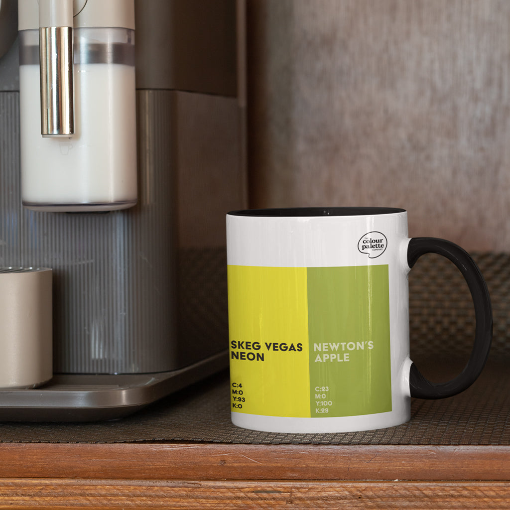Lincolnshire Colour Palette porcelain mug with six colour swatches celebrating Lincoln Cathedral, Grimsby Dock Tower and Skegness.