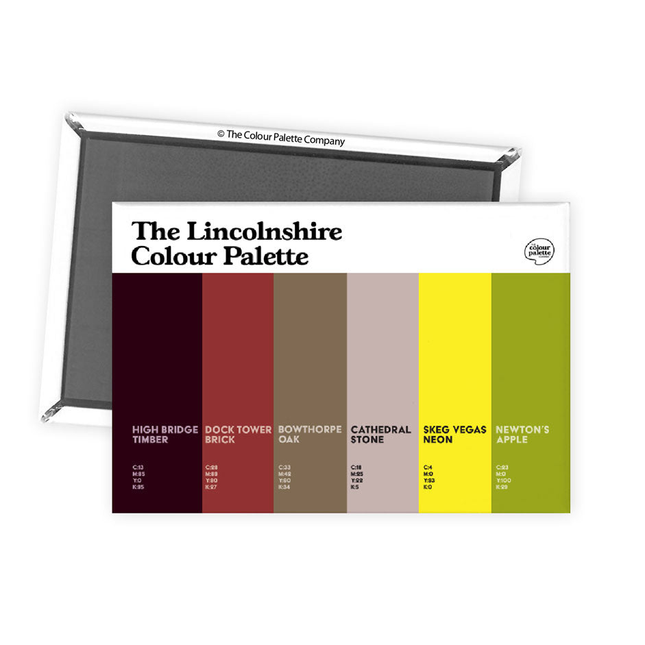Lincolnshire Colour Palette fridge magnet featuring six colourful swatches inspired by Lincoln, Grimsby, Skegness and Lincolnshire heritage.