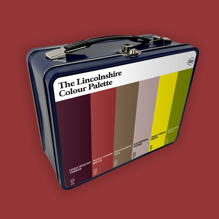Lincolnshire Colour Palette metal lunch box featuring six colour swatches inspired by Lincoln, Grimsby, Skegness and famous county landmarks.