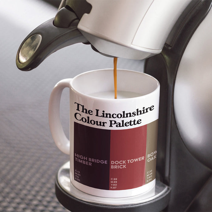 Lincolnshire Colour Palette porcelain mug with six colour swatches celebrating Lincoln Cathedral, Grimsby Dock Tower and Skegness.