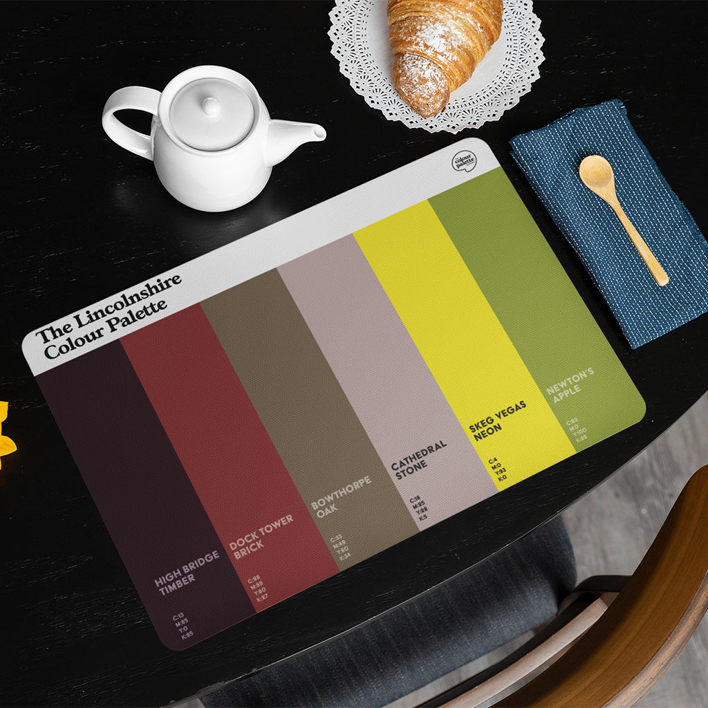 Lincolnshire Colour Palette dining placemat with six colour swatches celebrating Lincoln Cathedral, Grimsby Dock Tower and Skegness.
