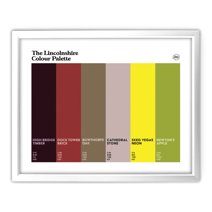 Lincolnshire Colour Palette framed wall art featuring six colours celebrating Lincoln Cathedral, Grimsby, Skegness and the county’s heritage.