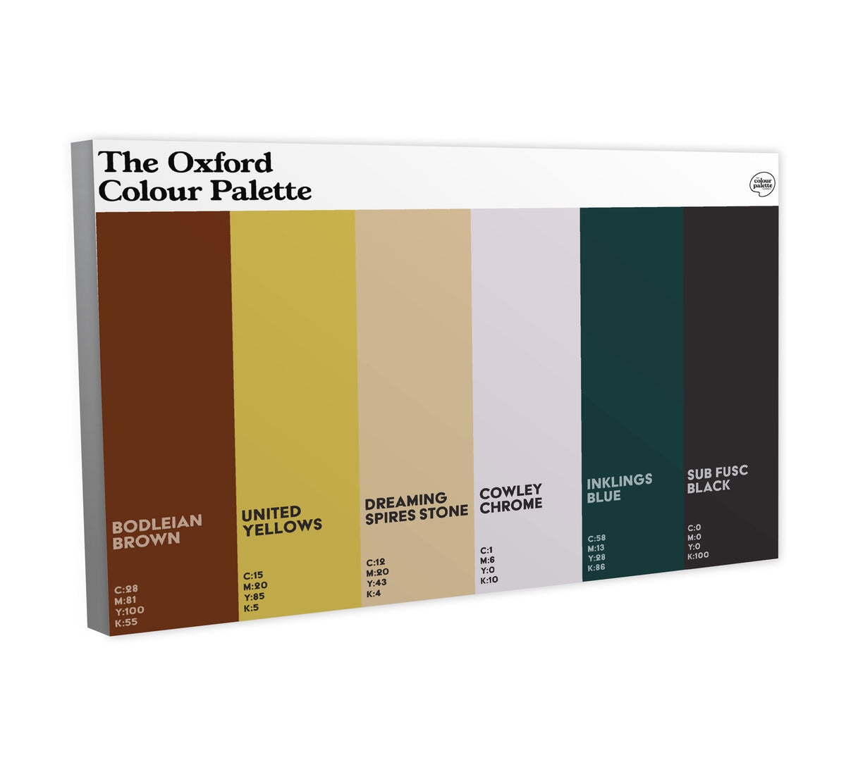 Oxford Colour Palette canvas wall art featuring six colours inspired by Oxford University, the Bodleian Library, Dreaming Spires, Oxford United and literary history.