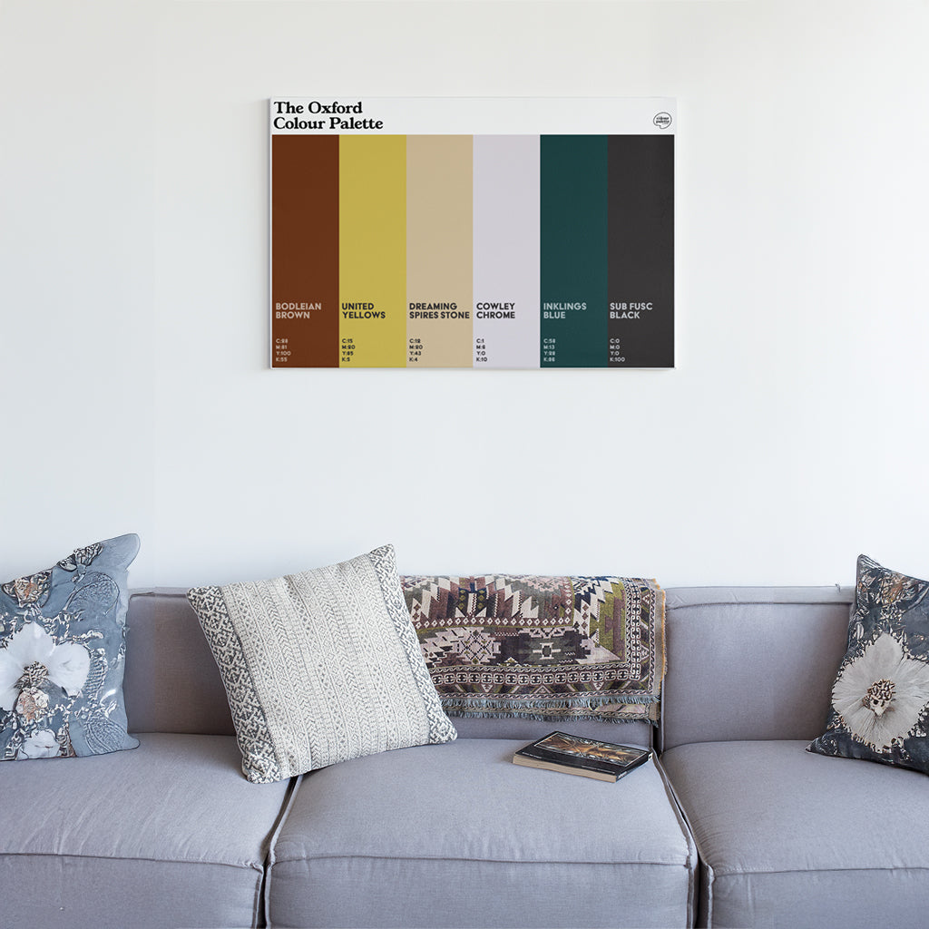 Oxford Colour Palette canvas wall art featuring six colours inspired by Oxford University, the Bodleian Library, Dreaming Spires, Oxford United and literary history.