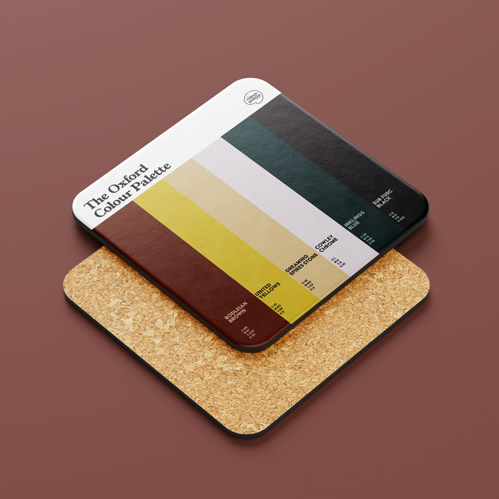 Oxford Colour Palette drinks coaster with six colours celebrating the Bodleian Library, Oxford United, Dreaming Spires, Morris Motors and university traditions.