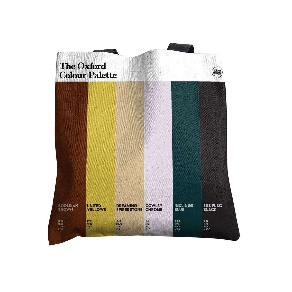 Oxford Colour Palette cotton tote shopping and book study bag with six colour swatches inspired by Oxford University, the Bodleian Library, Oxford United and the Dreaming Spires.