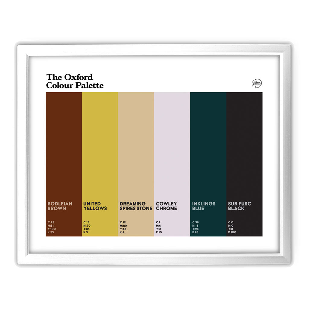 Oxford Colour Palette framed wall art featuring six colours inspired by Oxford University, the Bodleian Library, Oxford United, Dreaming Spires and academic traditions.