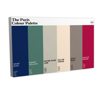 Paris Colour Palette canvas wall art featuring six vertical colour swatches inspired by Paris landmarks, Monet, Notre Dame and Moulin Rouge