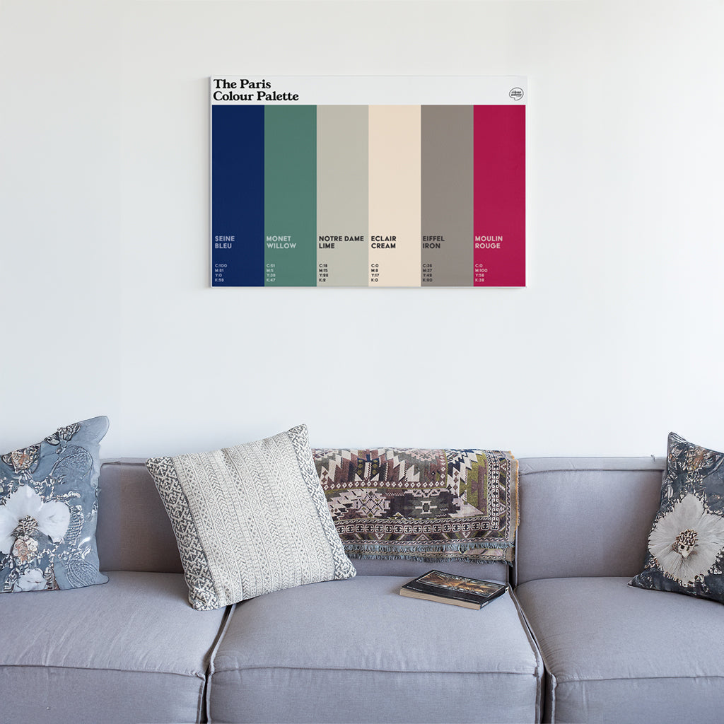 Paris Colour Palette canvas wall art featuring six vertical colour swatches inspired by Paris landmarks, Monet, Notre Dame and Moulin Rouge