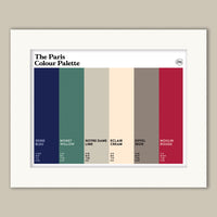 Paris Colour Palette mounted art print with off-white mount and six colours celebrating the Seine, Monet’s gardens and famous Paris landmarks