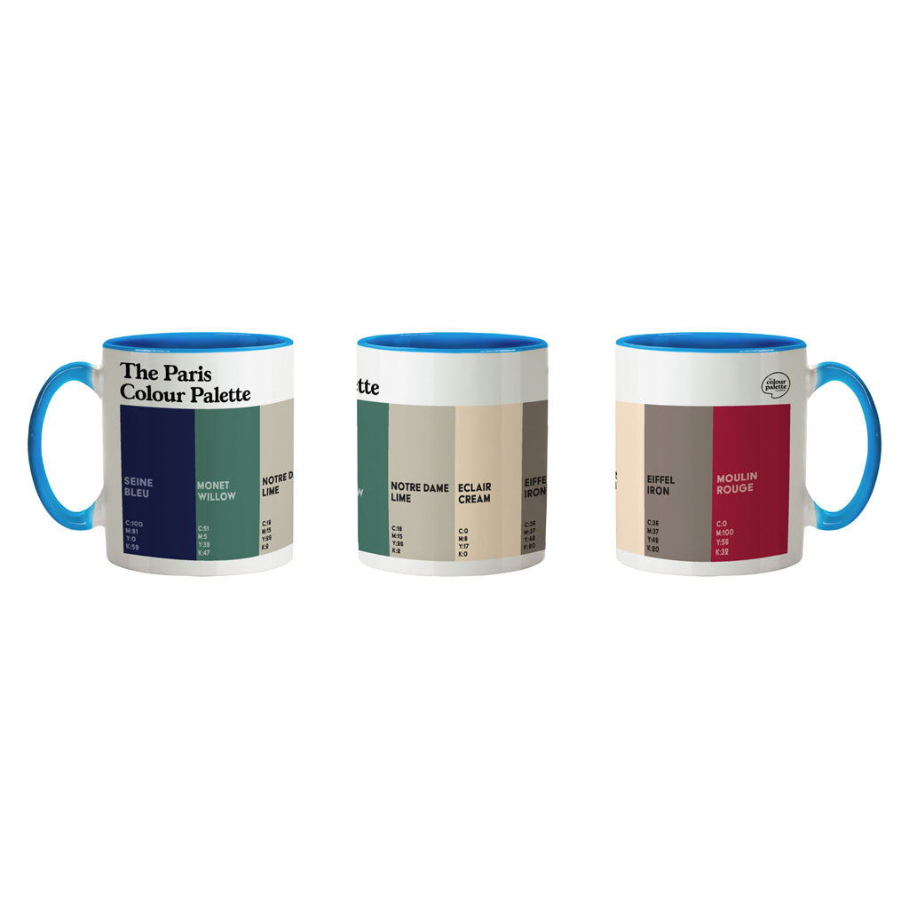 Paris Colour Palette white porcelain coffee mug featuring colourful swatches inspired by the River Seine, Monet’s gardens and Eiffel Tower