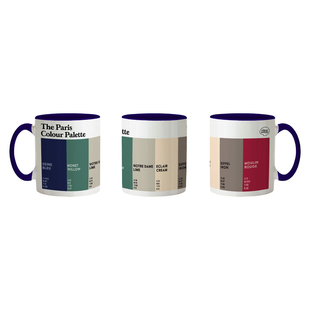Paris Colour Palette white porcelain coffee mug featuring colourful swatches inspired by the River Seine, Monet’s gardens and Eiffel Tower