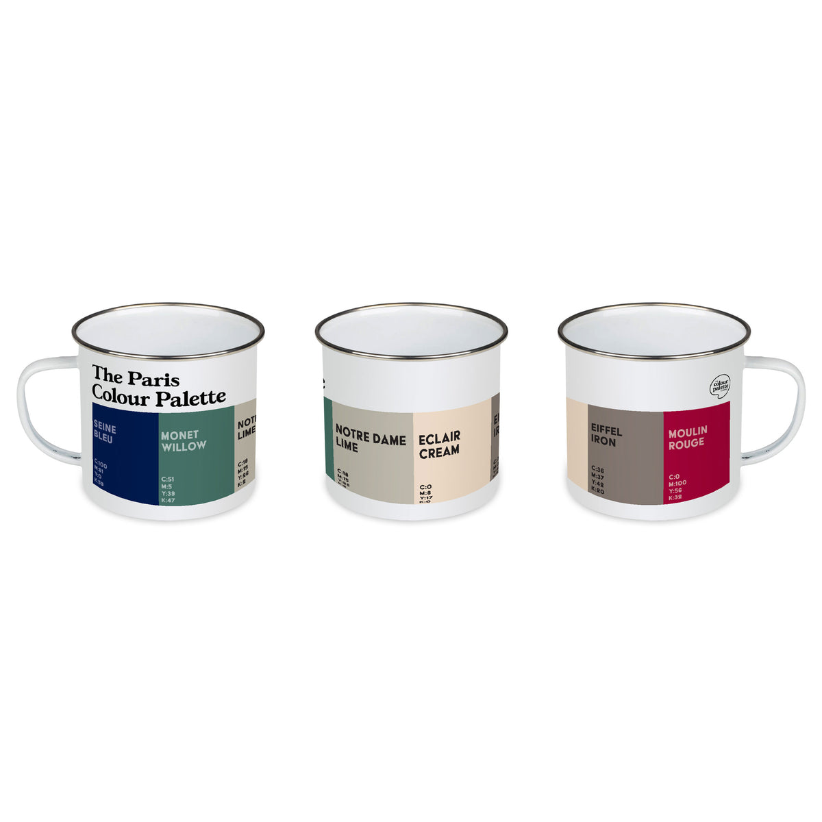 Paris Colour Palette white enamel camping mug with black rim and colour swatches inspired by famous Paris landmarks and French culture