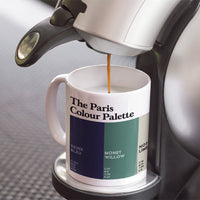 Paris Colour Palette white porcelain coffee mug featuring colourful swatches inspired by the River Seine, Monet’s gardens and Eiffel Tower