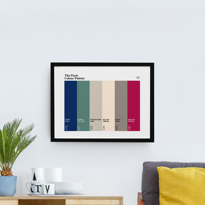 Paris Colour Palette framed wall art print featuring six colours inspired by the Eiffel Tower, Notre Dame, River Seine and Moulin Rouge