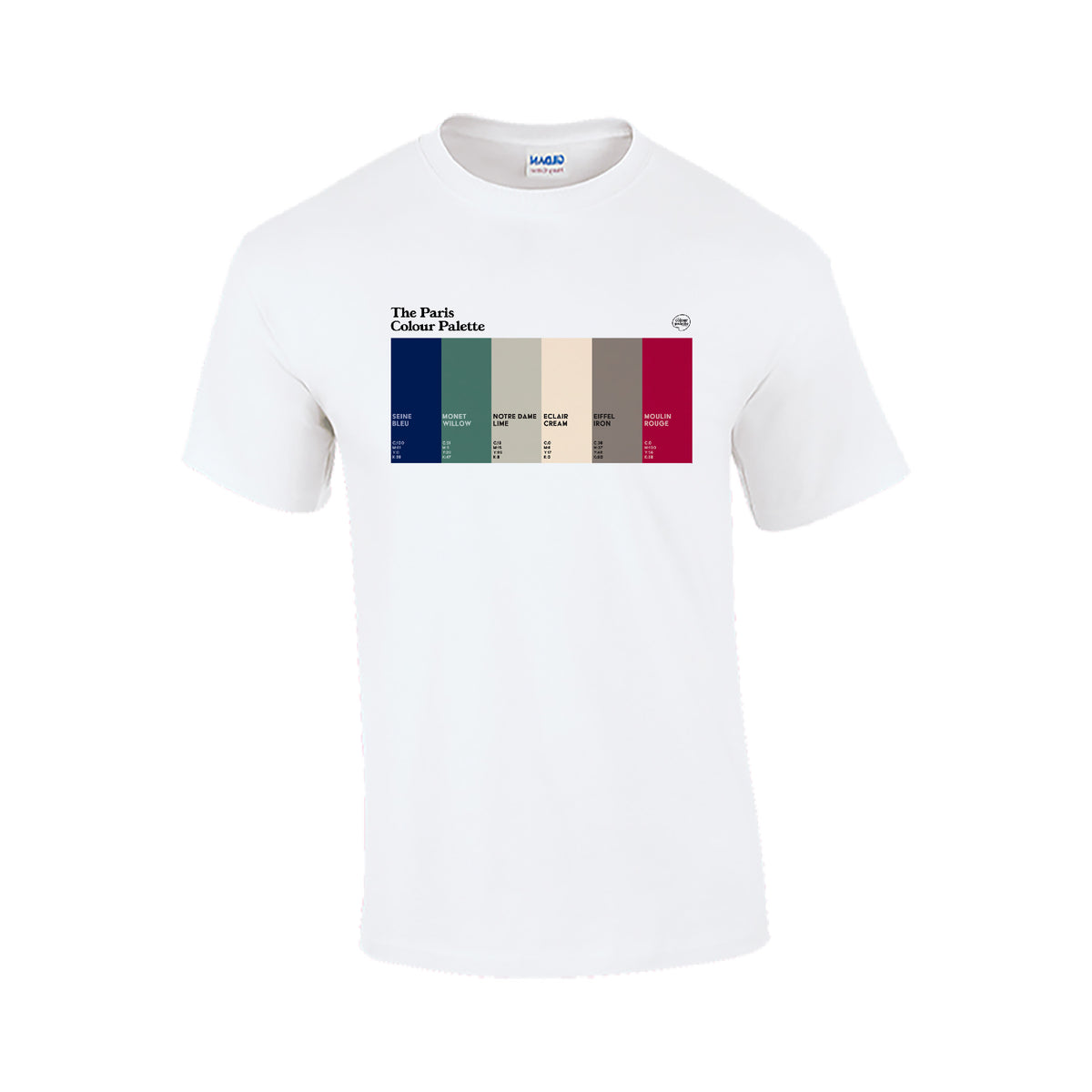 Paris Colour Palette T-shirt featuring six colours inspired by the River Seine, Monet’s gardens, Notre Dame, French éclairs, Eiffel Tower and Moulin Rouge
