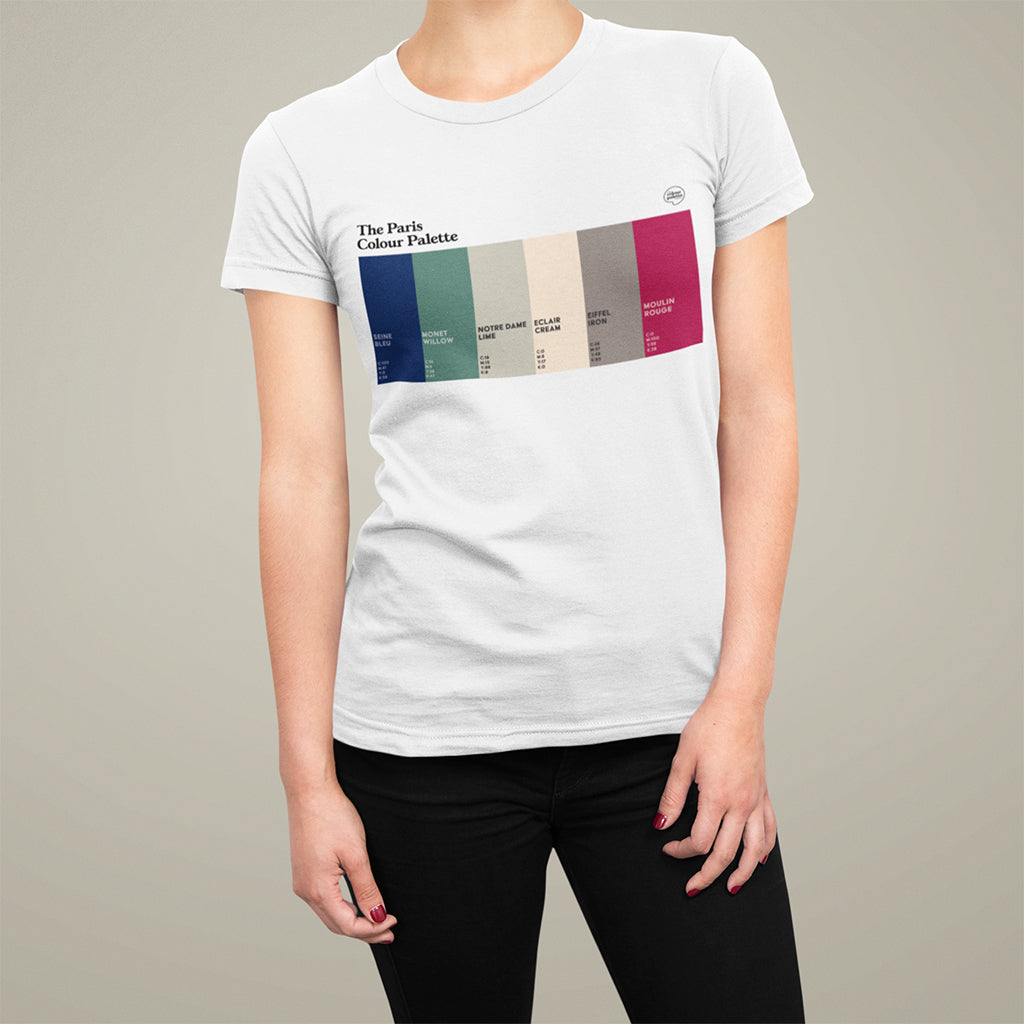 Paris Colour Palette T-shirt featuring six colours inspired by the River Seine, Monet’s gardens, Notre Dame, French éclairs, Eiffel Tower and Moulin Rouge