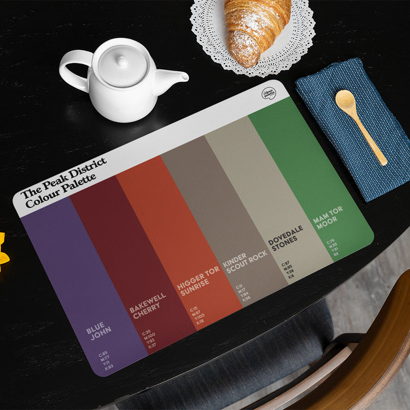 Peak District dining placemat featuring six colours inspired by the Peak District