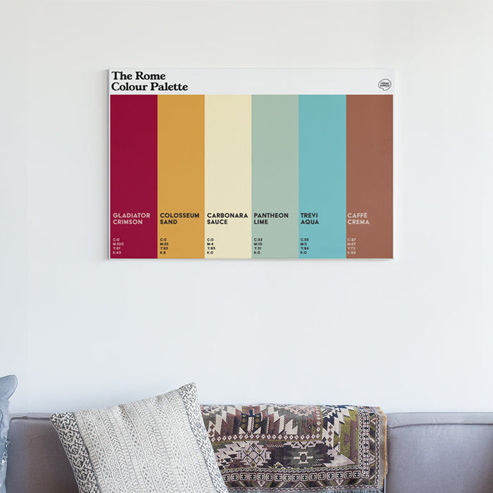 Rome Colour Palette canvas wall art featuring six vertical colour swatches inspired by the Eternal City’s ancient history, famous landmarks and food.