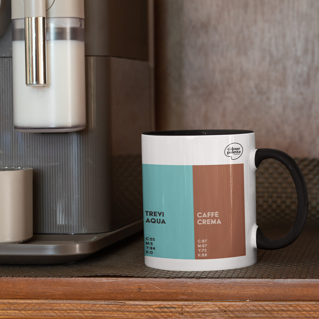 White porcelain Rome Colour Palette mug featuring colour swatches inspired by Rome’s Colosseum, Pantheon, Trevi Fountain and Italian food culture.