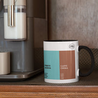 White porcelain Rome Colour Palette mug featuring colour swatches inspired by Rome’s Colosseum, Pantheon, Trevi Fountain and Italian food culture.