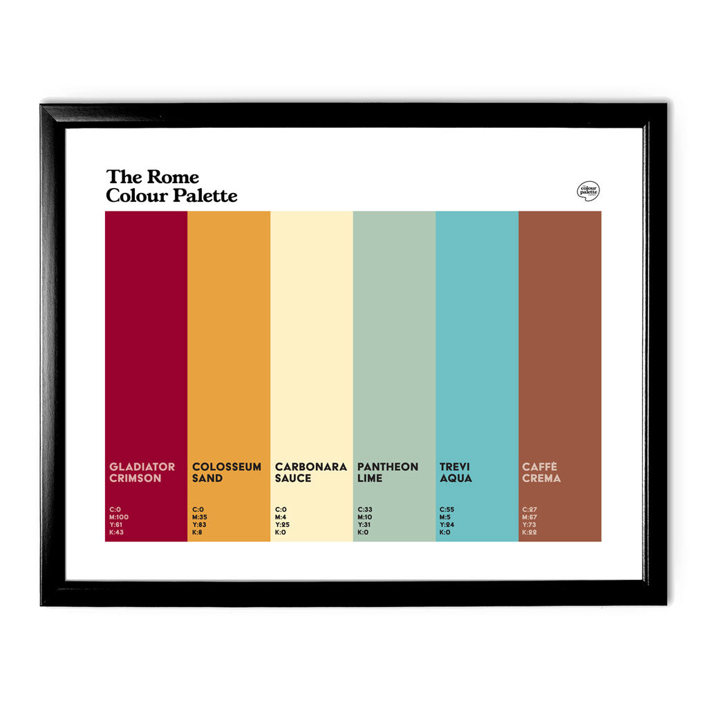 Rome Colour Palette framed wall art featuring six colours inspired by the Colosseum, Pantheon, Trevi Fountain, carbonara and historic Roman coffee houses.