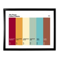 Rome Colour Palette framed wall art featuring six colours inspired by the Colosseum, Pantheon, Trevi Fountain, carbonara and historic Roman coffee houses.