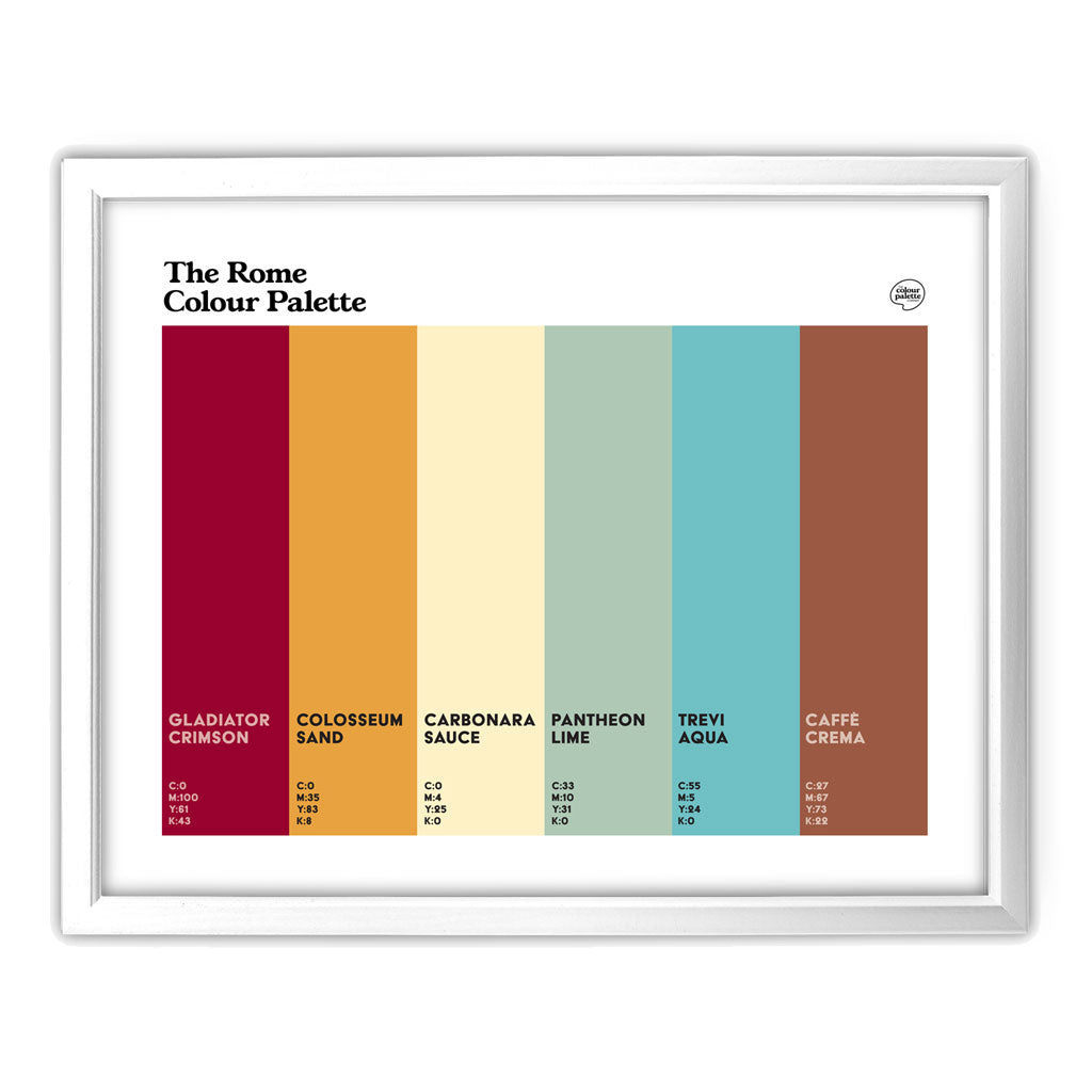 Rome Colour Palette framed wall art featuring six colours inspired by the Colosseum, Pantheon, Trevi Fountain, carbonara and historic Roman coffee houses.