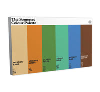 Somerset Colour Palette canvas wall art featuring six colours inspired by Glastonbury Festival, Bath’s Roman heritage, Wookey Hole and Exmoor.