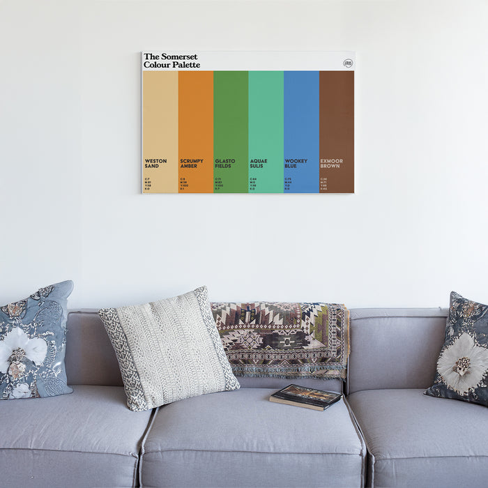 Somerset Colour Palette canvas wall art featuring six colours inspired by Glastonbury Festival, Bath’s Roman heritage, Wookey Hole and Exmoor.