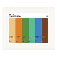 Somerset Colour Palette mounted art print with six colour swatches celebrating Weston-super-Mare, Glastonbury, Bath, Wookey Hole and Exmoor.