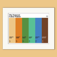 Somerset Colour Palette mounted art print with six colour swatches celebrating Weston-super-Mare, Glastonbury, Bath, Wookey Hole and Exmoor.