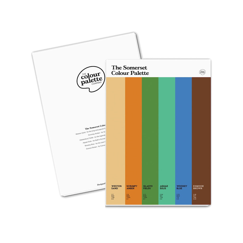 Somerset Colour Palette A5 sketchbook featuring six colours inspired by Bath’s Roman history, Glastonbury Festival, Exmoor and the Somerset coast.