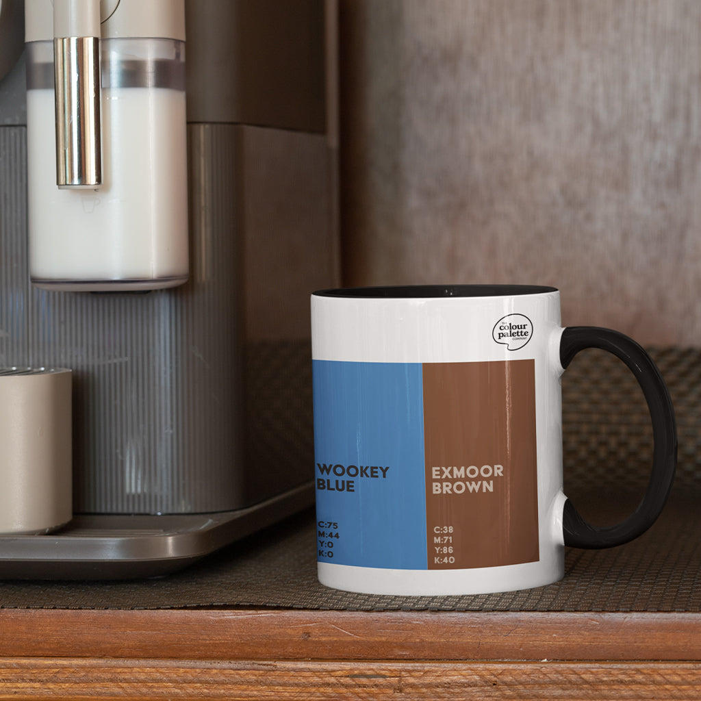 Somerset Colour Palette porcelain mug with six colour swatches celebrating Weston-super-Mare, Somerset cider, Glastonbury, Bath and Exmoor.