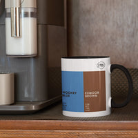Somerset Colour Palette porcelain mug with six colour swatches celebrating Weston-super-Mare, Somerset cider, Glastonbury, Bath and Exmoor.