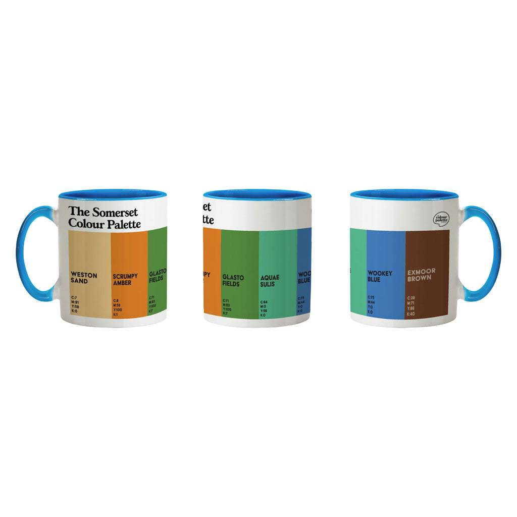 Somerset Colour Palette porcelain mug with six colour swatches celebrating Weston-super-Mare, Somerset cider, Glastonbury, Bath and Exmoor.
