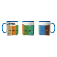 Somerset Colour Palette porcelain mug with six colour swatches celebrating Weston-super-Mare, Somerset cider, Glastonbury, Bath and Exmoor.