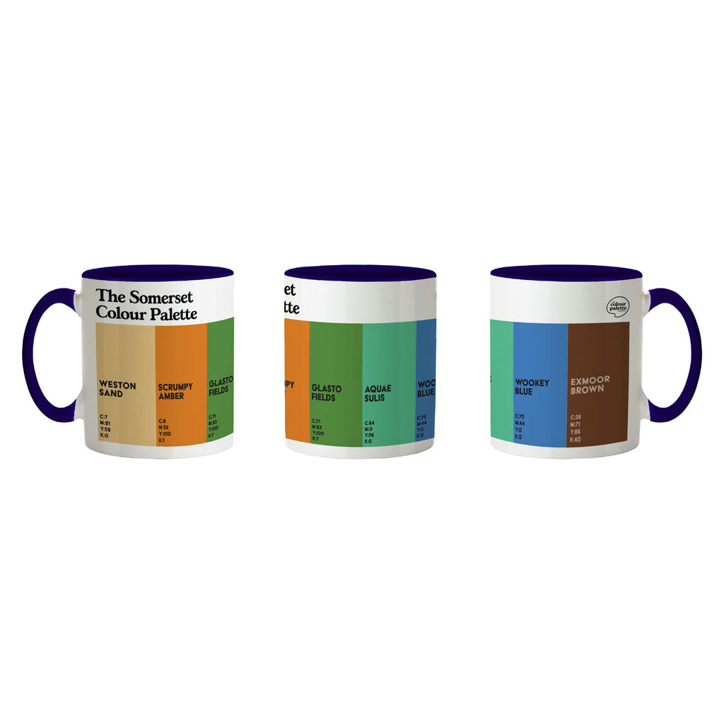 Somerset Colour Palette porcelain mug with six colour swatches celebrating Weston-super-Mare, Somerset cider, Glastonbury, Bath and Exmoor.