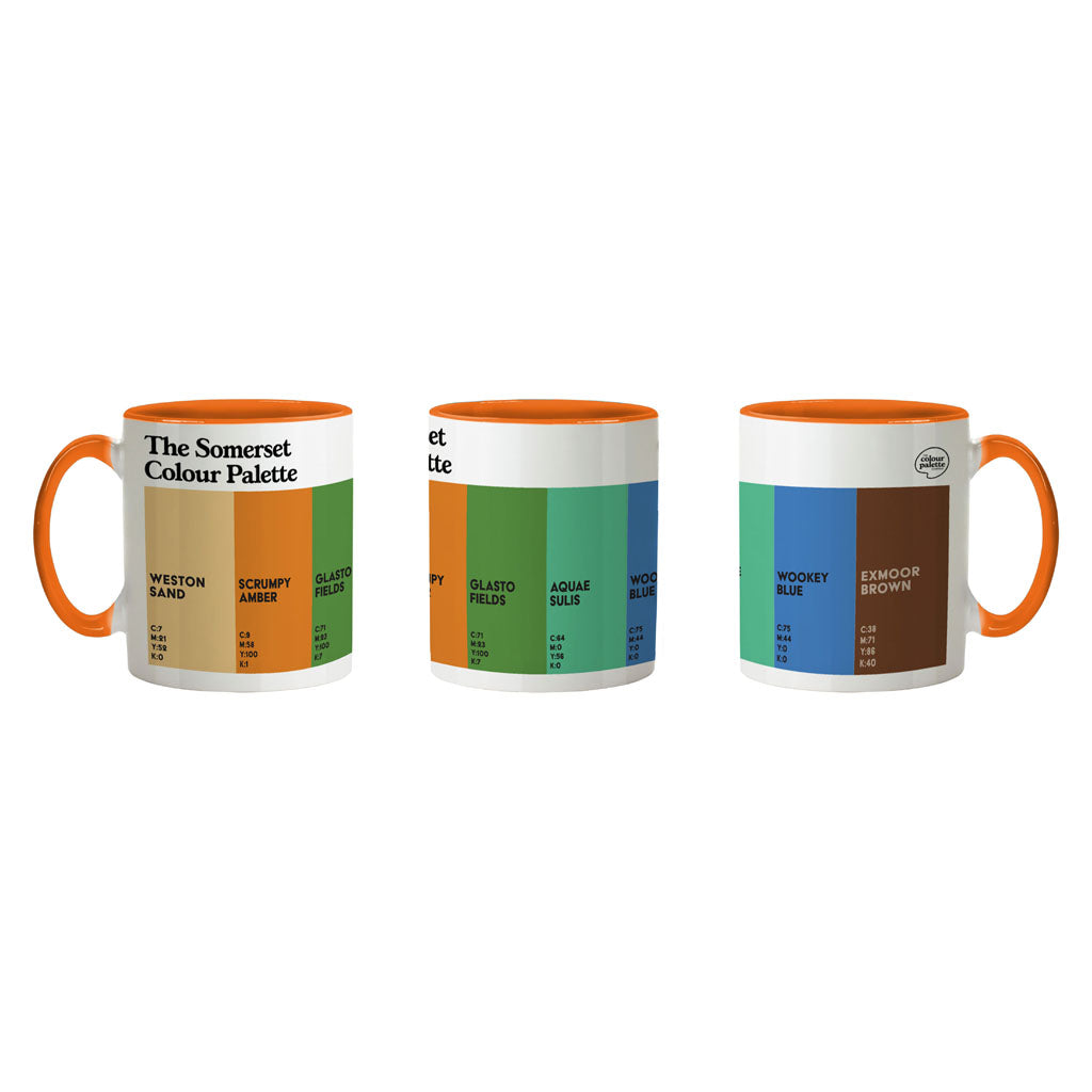 Somerset Colour Palette porcelain mug with six colour swatches celebrating Weston-super-Mare, Somerset cider, Glastonbury, Bath and Exmoor.
